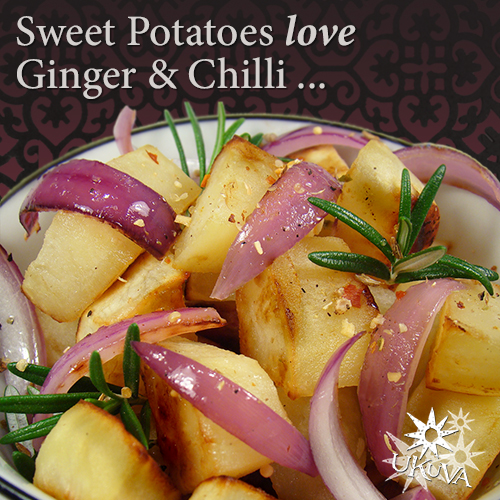 Sweet Potato with red onion petals and Ginger & Chilli Pepper