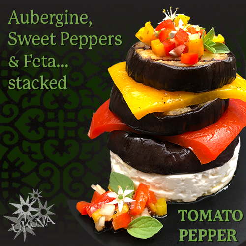 Aubergine stack with feta and Tomato Pepper