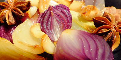 Roast Onion & Garlic with Honey & Rooibos Balsamic Vinegar