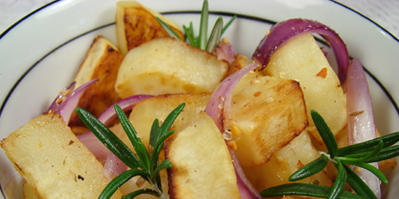 Grilled Sweet Potatoes with red onion petals and Smoked Olive Oil