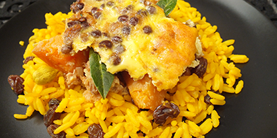 Butternut & Lentil Bobotie with Yellow Cape Curry Paste on turmeric rice
