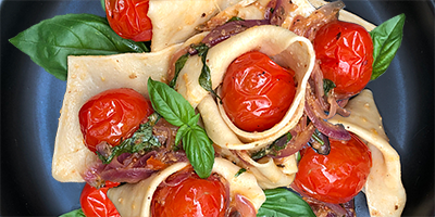 Pappardelle, grilled mini-roma tomatoes with Sundried Tomato Mustard