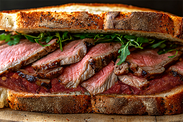 Roast beef sandwich with wild rocket and sundried tomato topping.