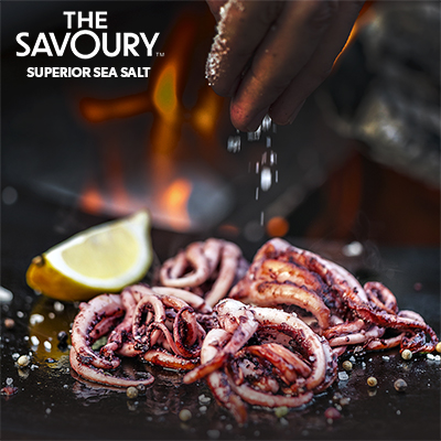 Salting Squid on the grill on the Savoury Superior Sea Salt page