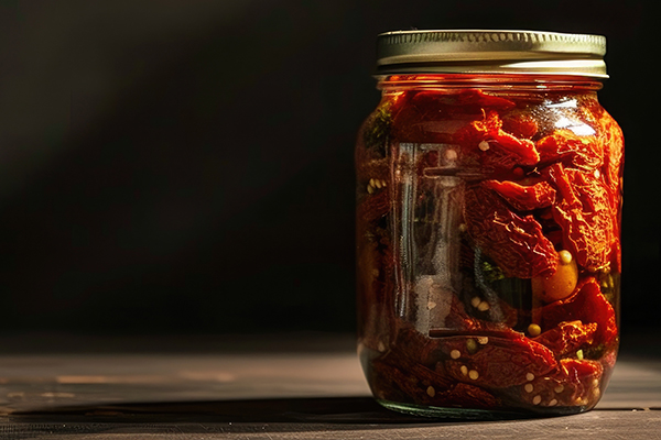 Sundried tomatoes in marinade in a clear jar.