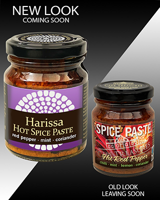 Old & New label faces for Harissa Hot spice paste